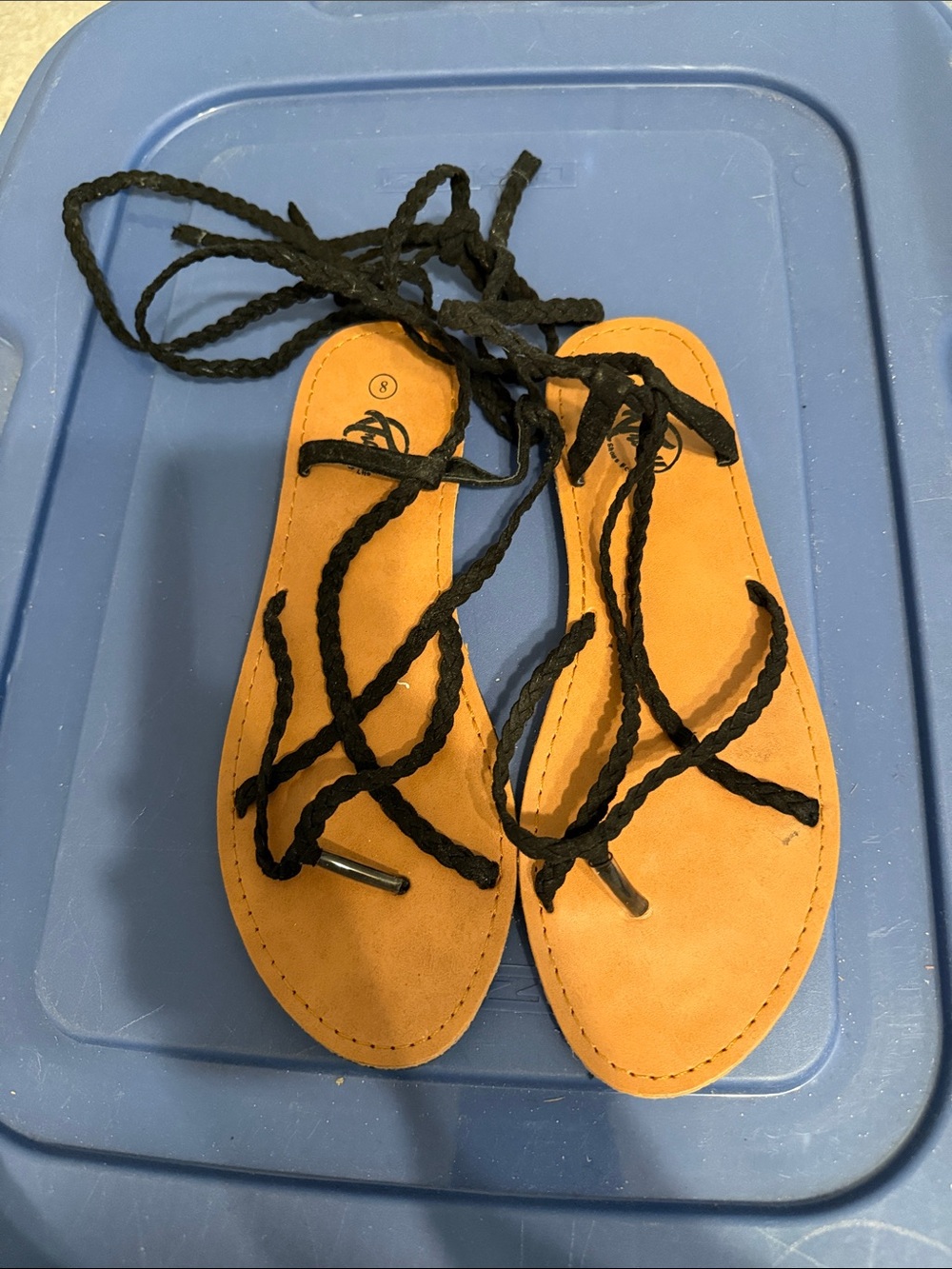 Trary Black Braided Lace-Up Sandals with Tan Footbed